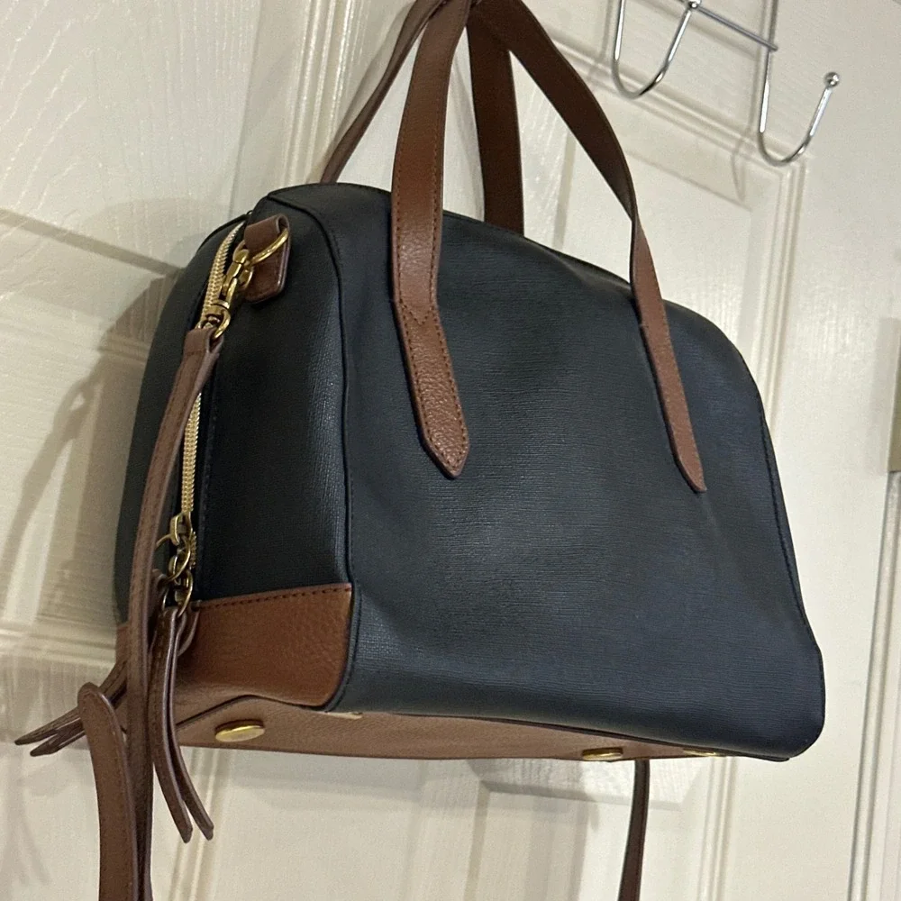 Fossil Sydney Satchel Black Brown Leather Trim Crossbody Bag
